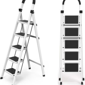 5 Step Folding Ladder, Portable and Compact, Anti-Slip Multi-Use Household Step Ladder for Home, Kitchen, Office, and Garage – Easy Storage, Sturdy, Durable