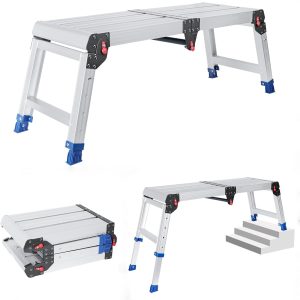 Foldable Aluminum Work Platform, 12.7 lb, Easy-Installation, Capacity of 500 lbs, Non-Slip, Step Stool for Adults with Adjustable Height, Heavy Duty & Portable Step Ladder