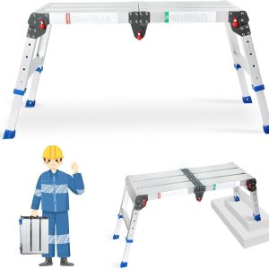 LEADALLWAY Work Platform Height Adjustment 33"(L) x12(W) x20(H) Step Stool Aluminum Platform Ladder with One-Touch Automatic Fold 330 Lbs Capacity