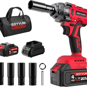 SEYVUM Impact Wrench,1/2" Impact Gun, Power Impact Driver Max Torque 320 Ft-lbs (430N.m), Cordless Impact Wrench with 20V Brushless Motor, 4.0Ah Li-ion Battery with Fast Charger, 4 Pcs Impact Sockets