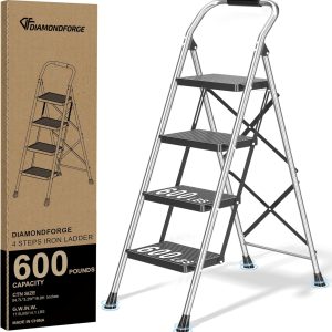 Step Ladder Folding 3-Step Woodgrain Finish Aluminum Foldable Step Ladders,Anti-Slip for Home & Kitchen Office 330 lbs