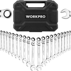 WORKPRO 22-Piece Ratcheting Wrench Set, Flex-Head Ratchet Combination Wrench Sets with Organizer Box, 72 Teeth, Metric 6-18mm & SAE 1/4-3/4"