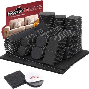 Yelanon Felt Furniture Pads -182 Pcs Premium Felt Pads for Chair Legs Furniture, Floor Protectors for Hardwood Floors, Black